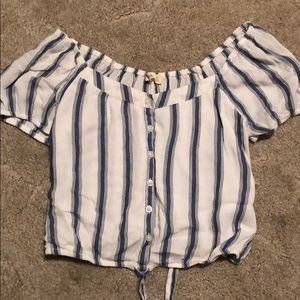 White and Blue off the shoulder shirt